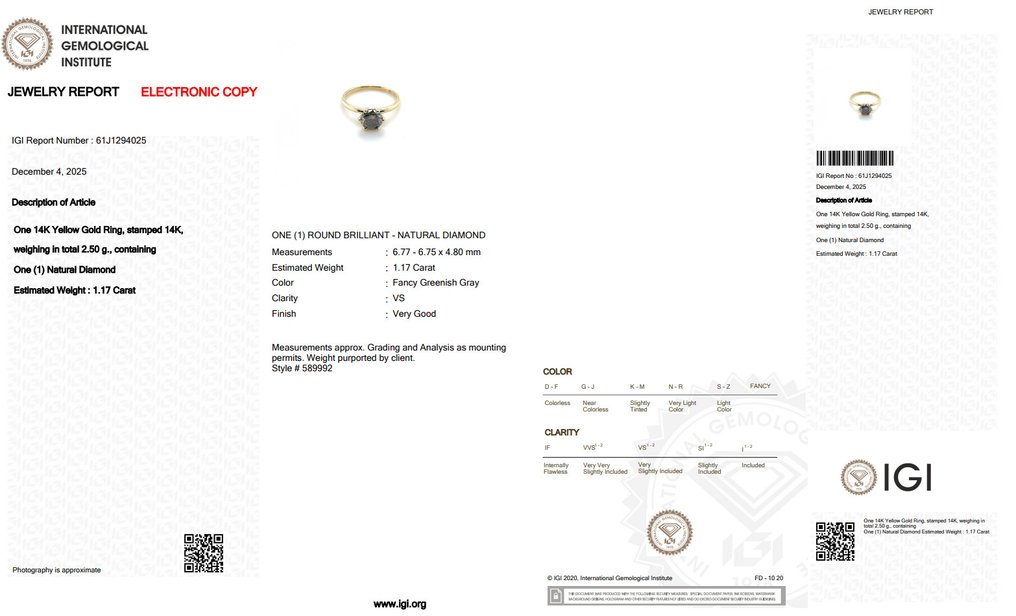 χωρίς τιμή ασφαλείας - Δαχτυλίδι - 14 καράτια Κίτρινο χρυσό -  1.17ct. tw. Γκρίζο Διαμάντι (Φυσικού χρώματος) #2.1