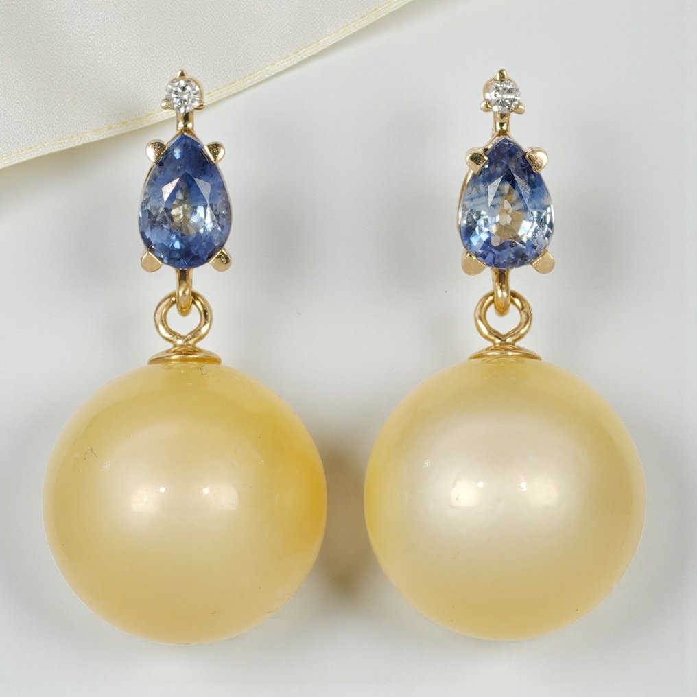 χωρίς τιμή ασφαλείας - Βραδινά σκουλαρίκια - 14 καράτια Κίτρινο χρυσό Ζαφείρι - Μαργαριτάρι - Ζαφείρια & Χρυσά SSP #1.0
