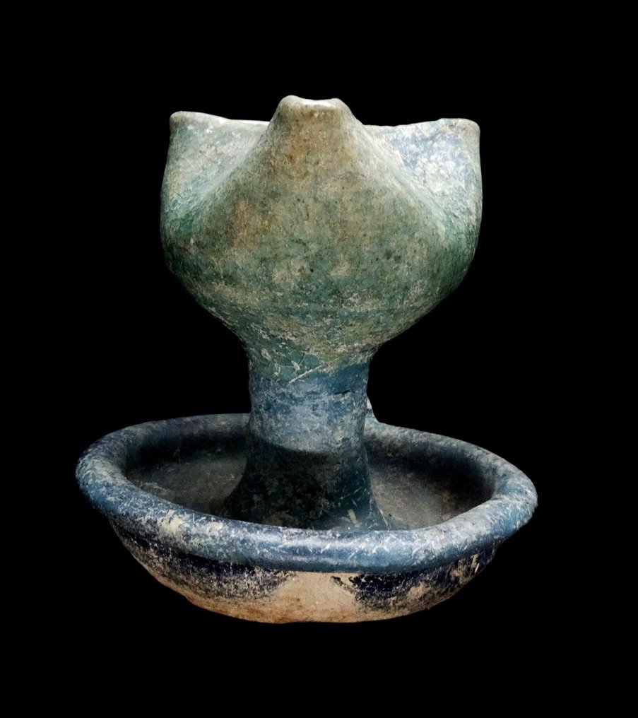 伊斯蘭 塞尔柱时期蓝绿色双彩釉油灯，带有虹彩效果，约10至12世纪 #1.0