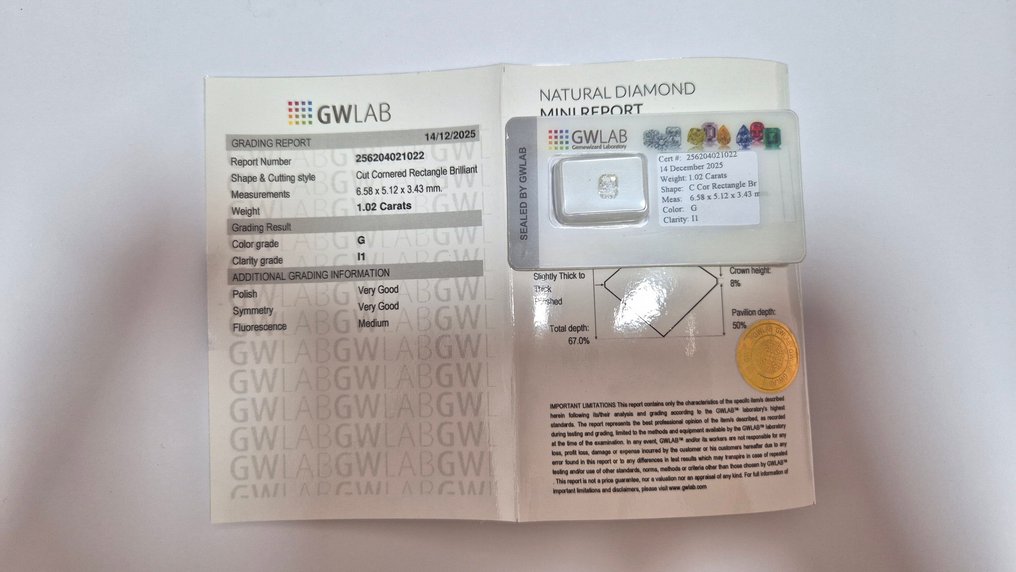 沒有保留價 - 1 pcs 鑽石  (天然)  - 1.02 ct - 長方形 - G - I1 - Gemewizard Gemological Laboratory (GWLab) #4.3