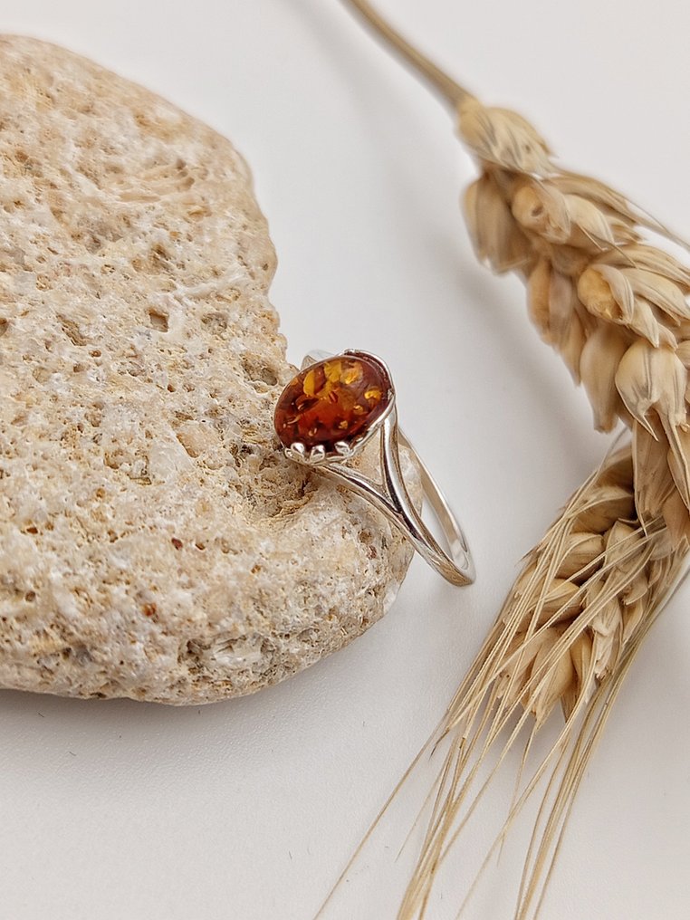 925纯银戒指，配以顶级波罗的海琥珀- 1.6 g - (1) #1.0