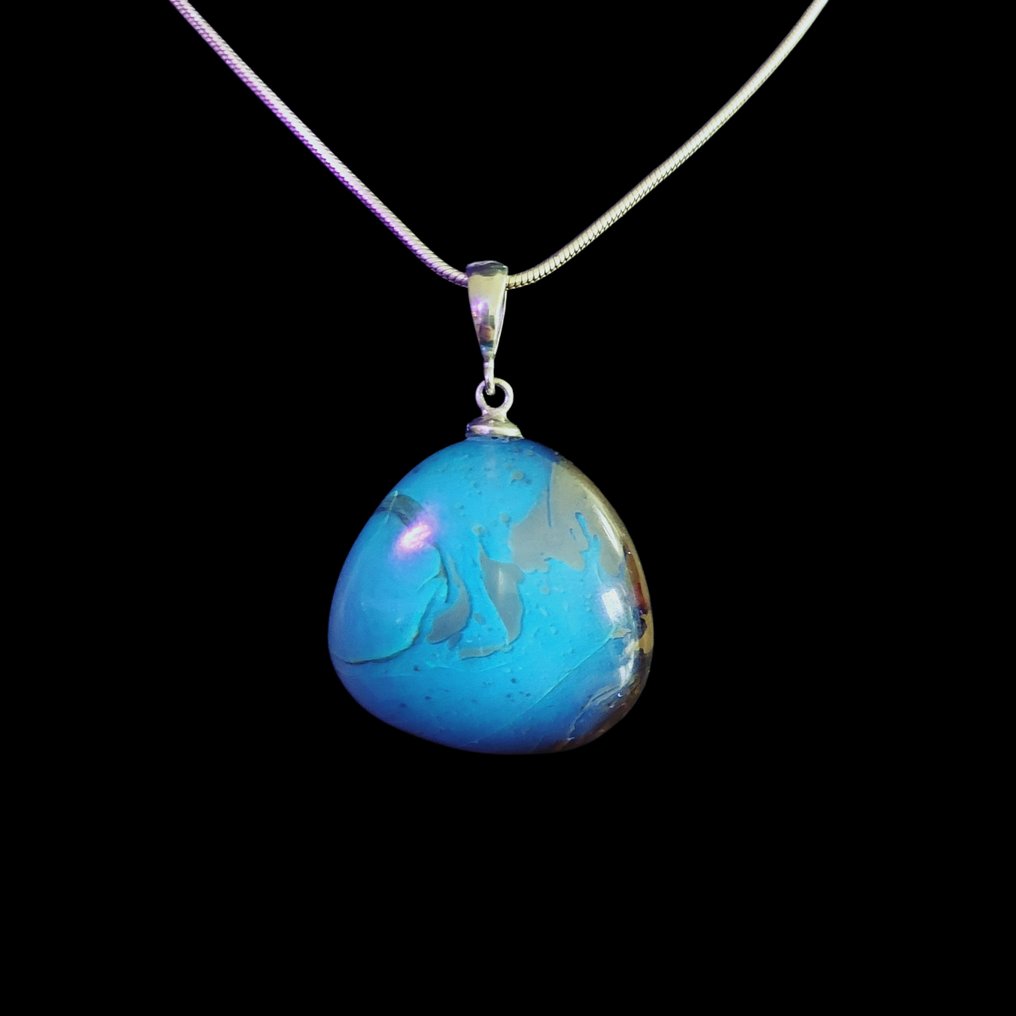 苏门答腊稀有的蓝琥珀。非常优质的收藏品。 925纯银镶嵌 - 高度: 5 cm - 宽度: 3.5 cm- 13 g #1.0