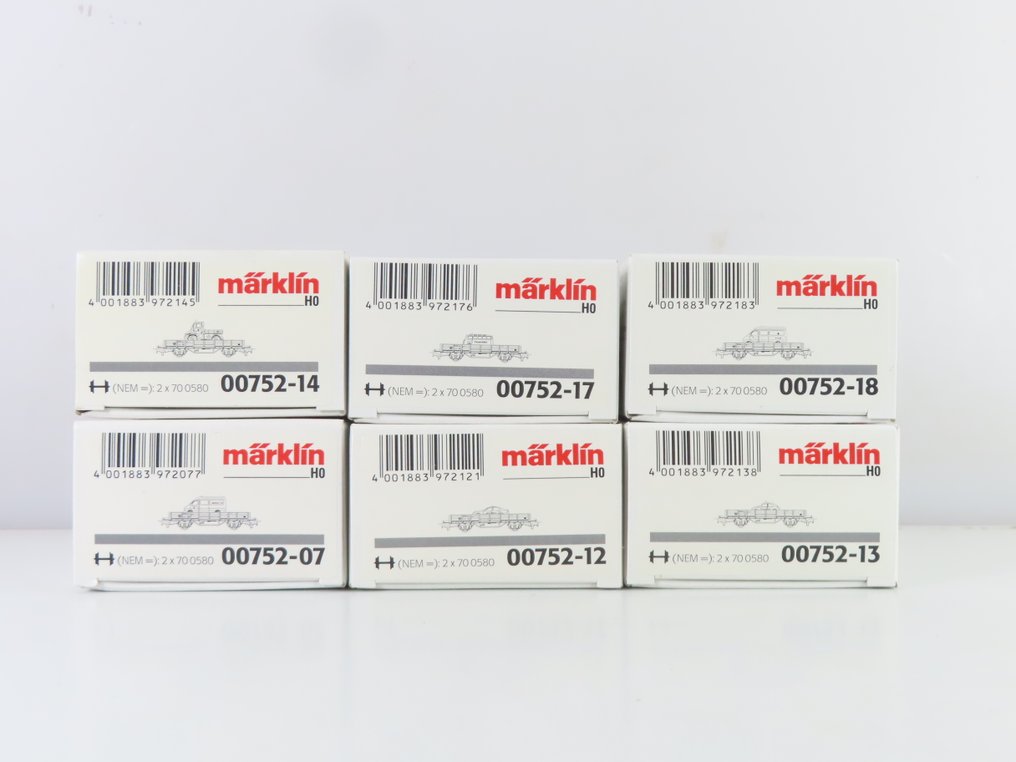 Märklin H0 - 00752/7/12/13/14/17/18 - Model wagonu towarowego (6) - 6 niskopodwoziowych samochodów załadowanych samochodami strażackimi. - DB #1.0