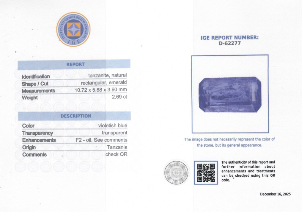 1 pcs  蓝色 坦桑石  - 2.69 ct - 西班牙宝石学院（IGE） #2.1