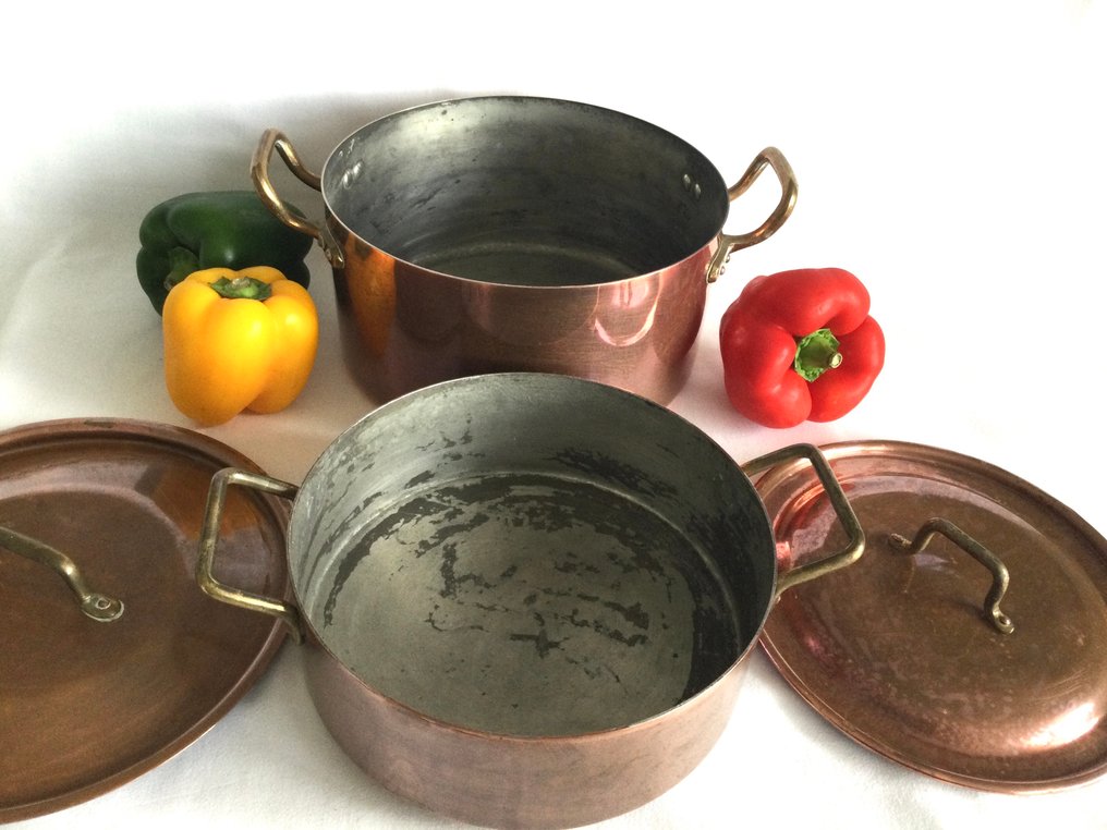 Twee Franse roodkoperen Kookpotten - Τηγάνι (2) - Χαλκός, με vertinde εσωτερικά και χάλκινα αυτιά. #3.2