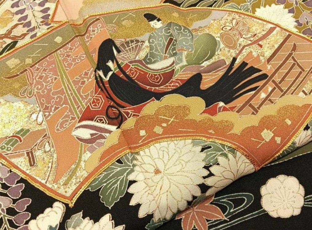 日本正式和服——黑色丝绸黑留袖，配金色与花卉景观，签名 - 真丝 - 日本 - 20世纪 #4.3