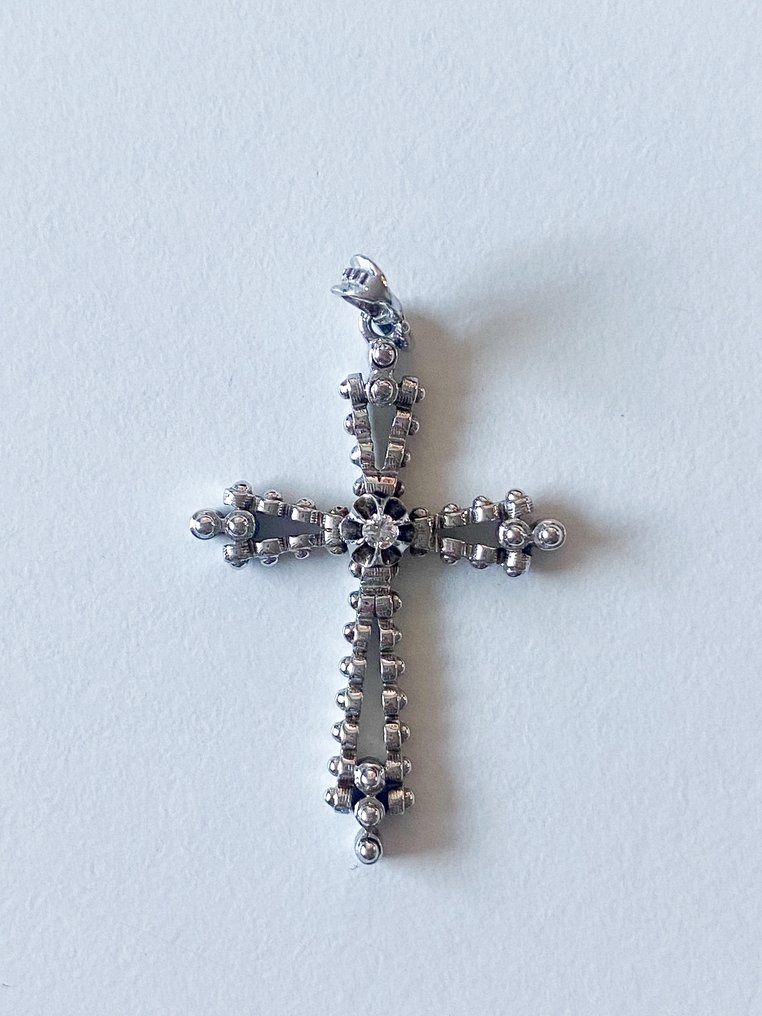 十字架吊坠 - 18K包金 白金 钻石 (天然)  #1.0