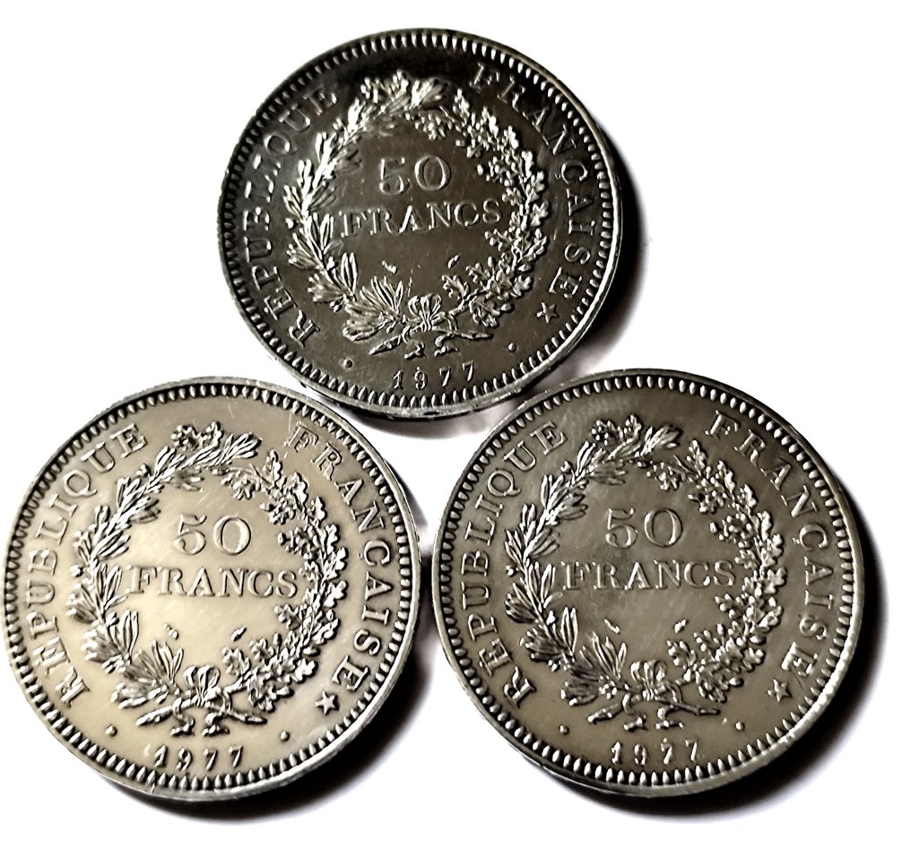 Γαλλία. 50 Francs 1977 Hercule (lot de 3 monnaies en argent)  (χωρίς τιμή ασφαλείας) #1.0