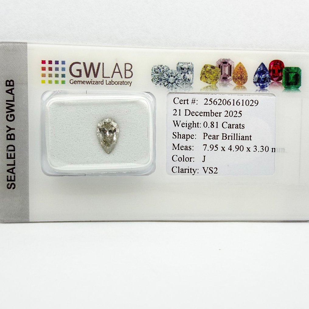 没有保留价 - 1 pcs 钻石 (天然) - 0.81 ct - 梨形 - J - VS2 轻微内含二级 - Gemewizard宝石实验室(GWLab) #1.0