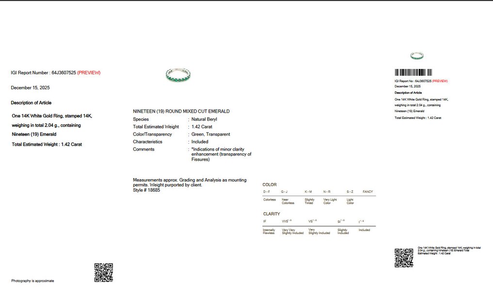 χωρίς τιμή ασφαλείας - Δαχτυλίδι - 14 καράτια Λευκός χρυσός -  1.42ct. tw. Σμαράγδι - IGI #2.1