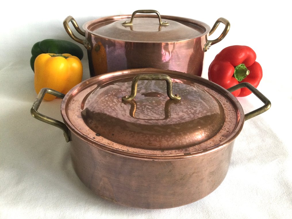 Twee Franse roodkoperen Kookpotten - Τηγάνι (2) - Χαλκός, με vertinde εσωτερικά και χάλκινα αυτιά. #1.0