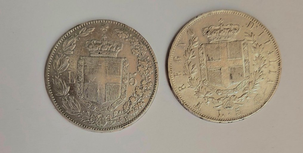 義大利王國 Vittorio Emanuele II , Umberto I. 5 Lire 1874 , 1879  (沒有保留價) #1.0