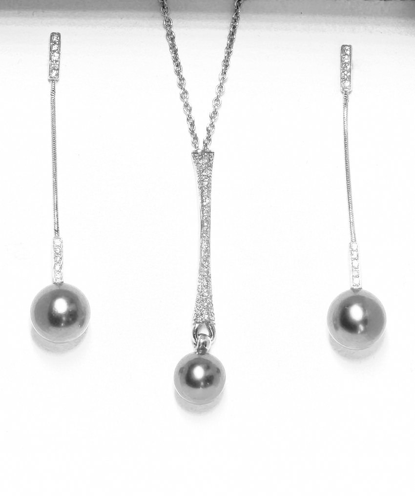 Parure - 18 carats Or blanc Perle - Diamant #1.0