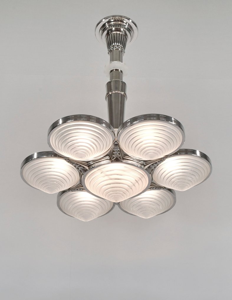 Georges Leleu - French art deco chandelier - Lysekrone - Glass, Nikkelert messing og bronse #3.2