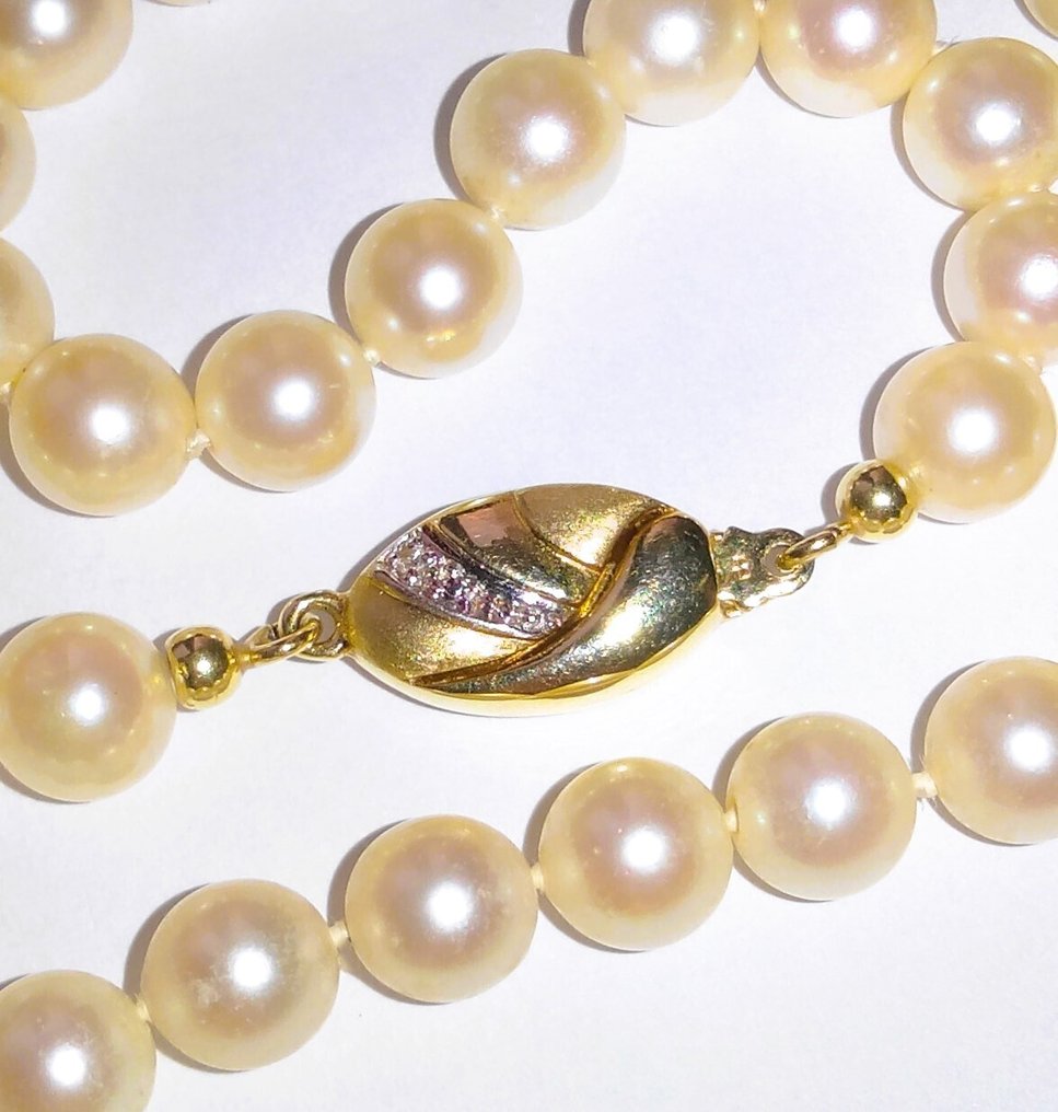 Sans prix de réserve - Collier Or jaune 14 kt - Perles d'Akoya - Diamants naturels #1.0