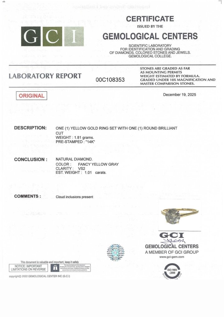 χωρίς τιμή ασφαλείας - Δαχτυλίδι αρραβώνων - 14 καράτια Κίτρινο χρυσό -  1.01ct. tw. Διαμάντι (Φυσικού χρώματος) #2.1