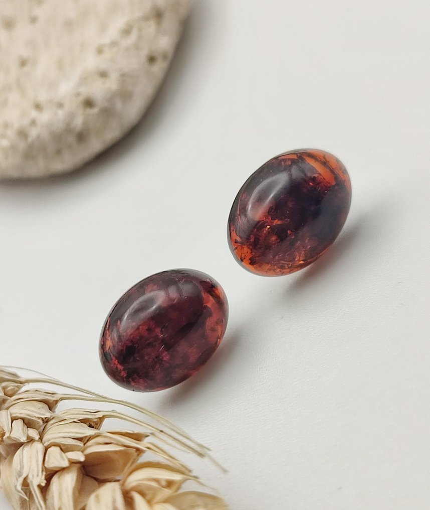 925银针式耳环，配以高品质的波罗的海琥珀 - 高度: 15 mm - 闊度: 10 mm- 2.3 g - (1) #4.3