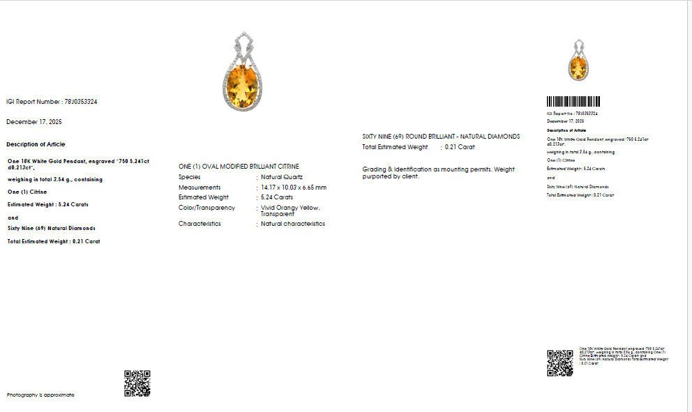 Κρεμαστό κόσμημα - 18 καράτια Λευκός χρυσός -  5.45ct. tw. Κιτρίνης - Διαμάντι - Πιστοποιημένο από IGI #3.2