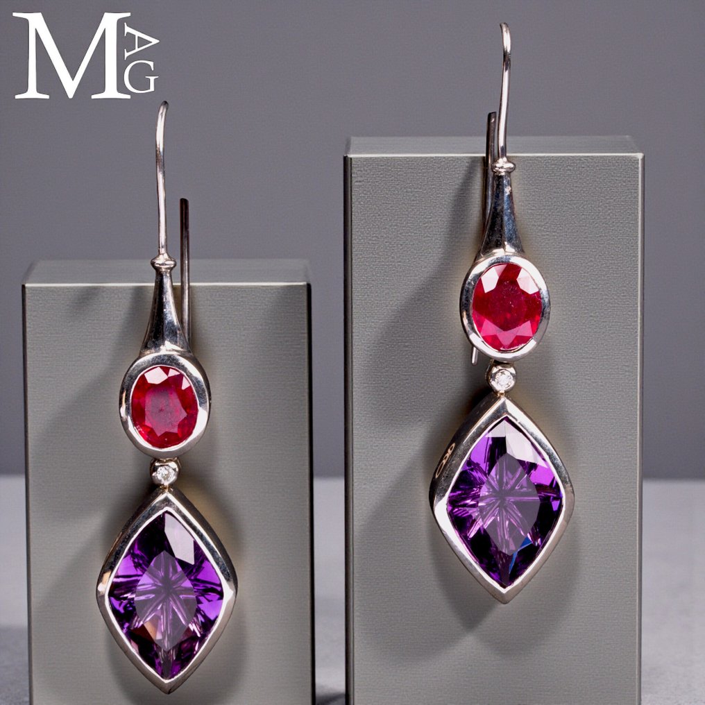 Ασημένια σκουλαρίκια με αιθιοπικό όπαλ, διαμάντια, βολιβιακές αμέθυστους και ροζ ζαφείρια - Ύψος: 80 mm - Πλάτος: 18 mm- 29 g #1.0