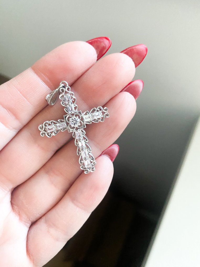 Cross pendant - 18 kt. White gold Diamond (Natural) - Diamond #4.3
