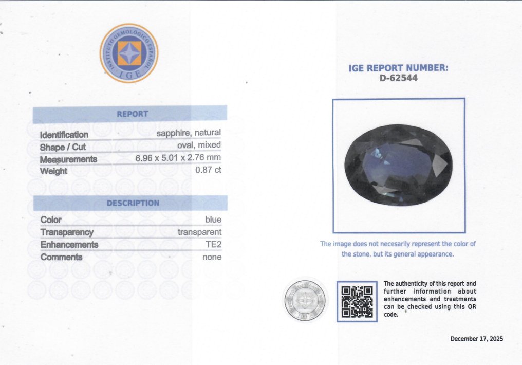 没有保留价 蓝宝石 - 0.87 ct - 西班牙宝石学院(IGE) - 次要的 #2.1