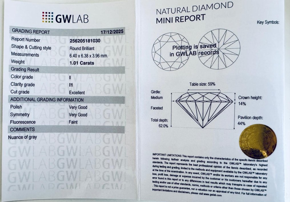 没有保留价 - 1 pcs 钻石 (天然) - 1.01 ct - 圆形 - I - I1 内含一级 - Gemewizard宝石实验室(GWLab) #3.2
