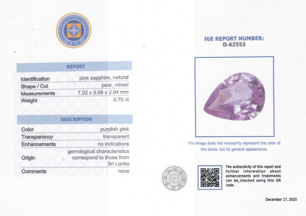 蓝宝石  - 0.70 ct - 西班牙宝石学院（IGE） - 无治疗 #2.1