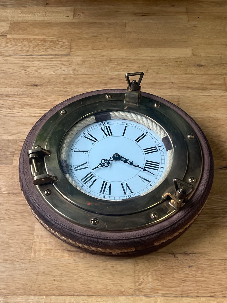 舱壁钟/船钟 -  老式 黄铜, 木, 皮革, 玻璃, 绳索 - 21世纪 #1.0