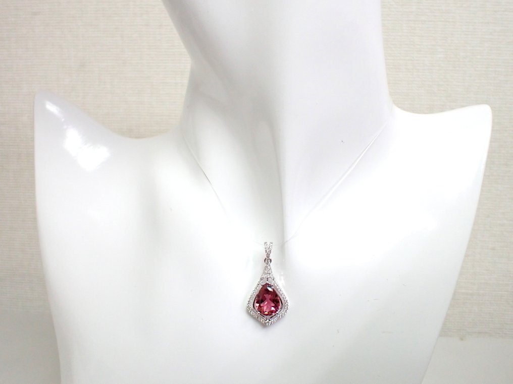 墜飾 - 18 克拉 白金 - 2.71ct. tw. 電氣石 - 鉆石 - Rubellite 伴随 IGI 认证 #1.0