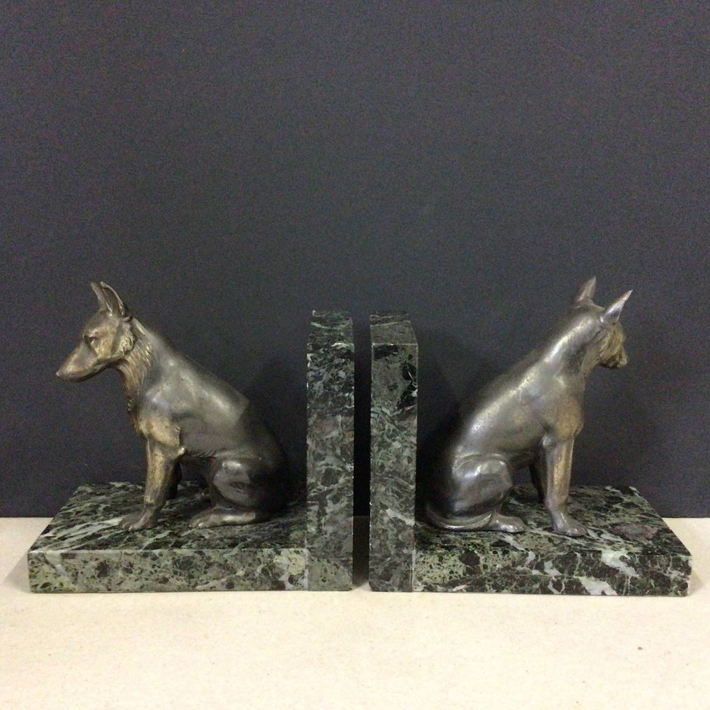 书挡 (2) - 德国牧羊犬 - 铜青铜色的锌合金安装在大理石底座上 #1.0