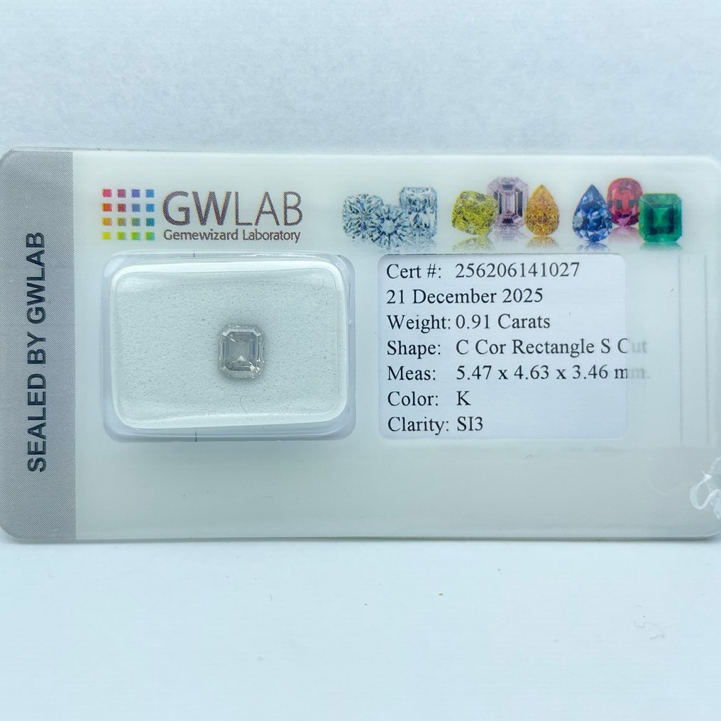 沒有保留價 - 1 pcs 鑽石 (天然) - 0.91 ct - 長方形 - K(輕微黃色、從正面看是亮白的) - SI3 - Gemewizard Gemological Laboratory (GWLab) #4.3