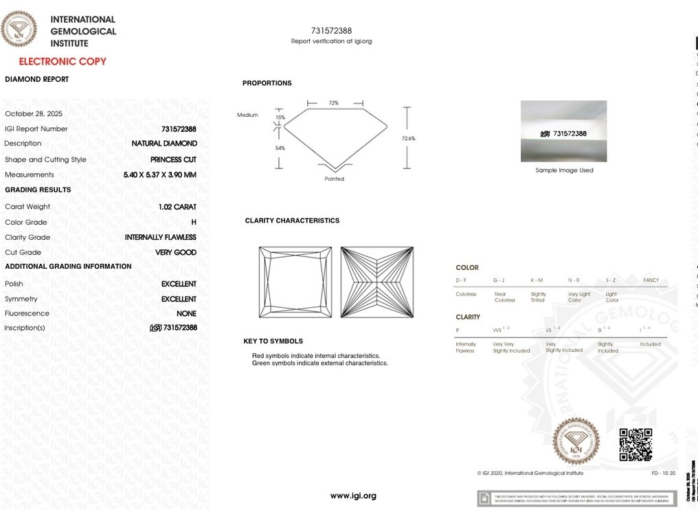 沒有保留價 - 1 pcs 鑽石  (天然)  - 1.02 ct - 方形 - H(次於白色的有色鑽石) - IF - 國際寶石學院（International Gemological Institute (IGI)） #4.3