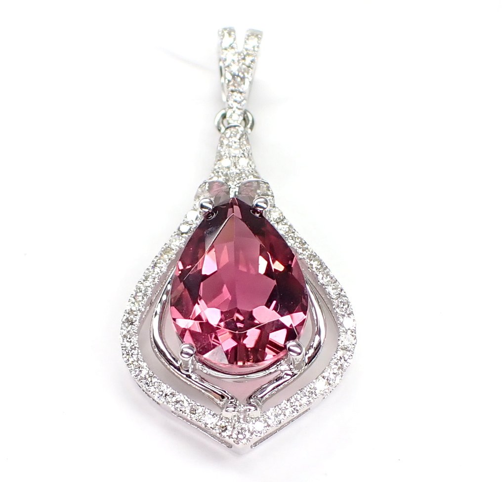 墜飾 - 18 克拉 白金 - 2.71ct. tw. 電氣石 - 鉆石 - Rubellite 伴随 IGI 认证 #4.3
