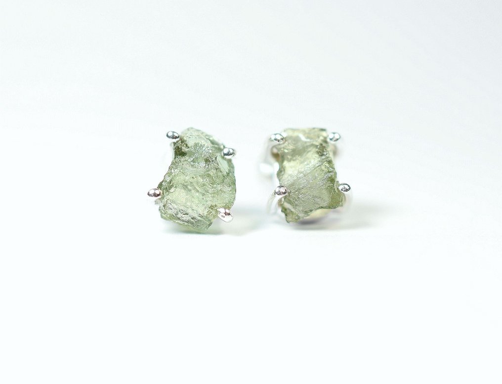2 Moldavite ear studs / rough / new 925. Sterling Silver - 1.76 g - (2) #1.0