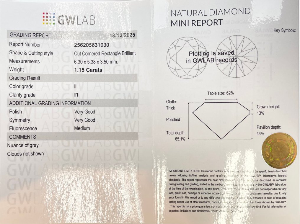 没有保留价 - 1 pcs 钻石 (天然) - 1.15 ct - 矩形 - I - I1 内含一级 - Gemewizard宝石实验室(GWLab) #2.1