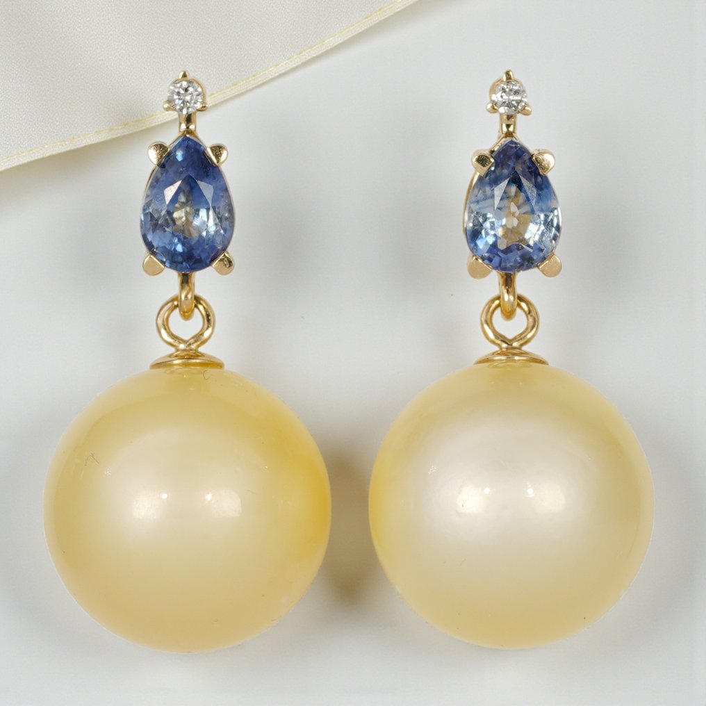 χωρίς τιμή ασφαλείας - Βραδινά σκουλαρίκια - 14 καράτια Κίτρινο χρυσό Ζαφείρι - Μαργαριτάρι - Ζαφείρια & Χρυσά SSP #2.1