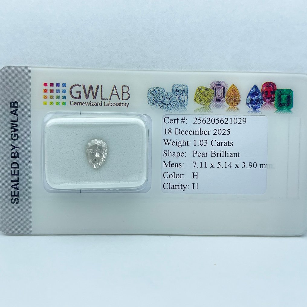 χωρίς τιμή ασφαλείας - 1 pcs Διαμάντι  (Φυσικό)  - 1.03 ct - Αχλάδι - H - I1 - Gemewizard Gemological Laboratory (GWLab) #4.3