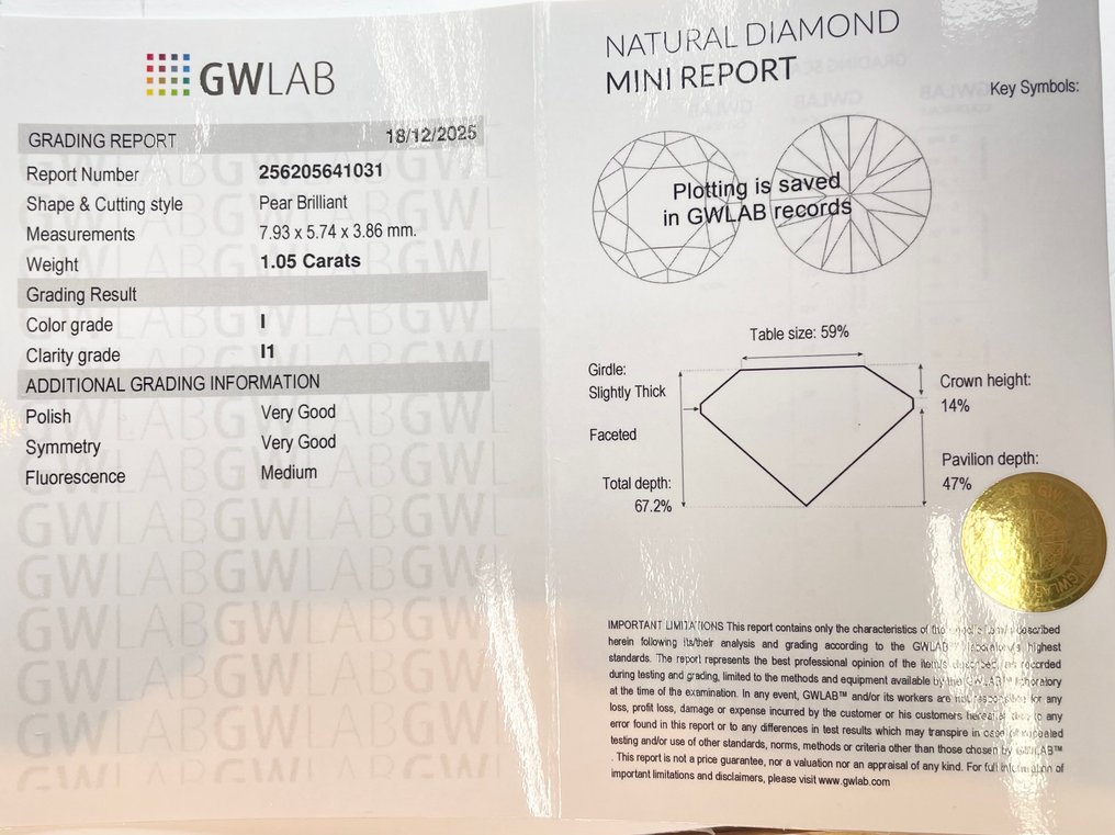 χωρίς τιμή ασφαλείας - 1 pcs Διαμάντι  (Φυσικό)  - 1.05 ct - Αχλάδι - I - I1 - Gemewizard Gemological Laboratory (GWLab) #2.1