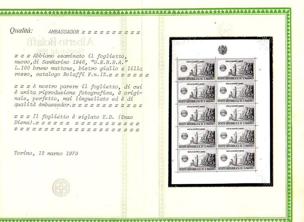 Σαν Μαρίνο 1946/1946 - Minifoglio UNRRA ποικιλία έμβλημα μετατοπισμένο δεξιά. - Sassone #2.1