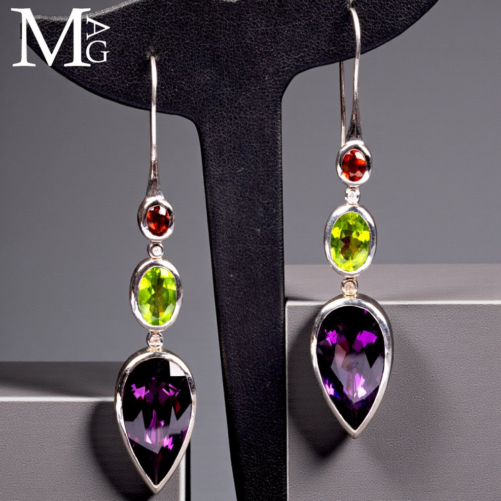 Σκουλαρίκια – Βολιβιανός Αμέθυστος – Περίδοτ – Γαληνίτης και Διαμάντια - Ύψος: 86.7 mm - Πλάτος: 16.5 mm- 31 g #1.0