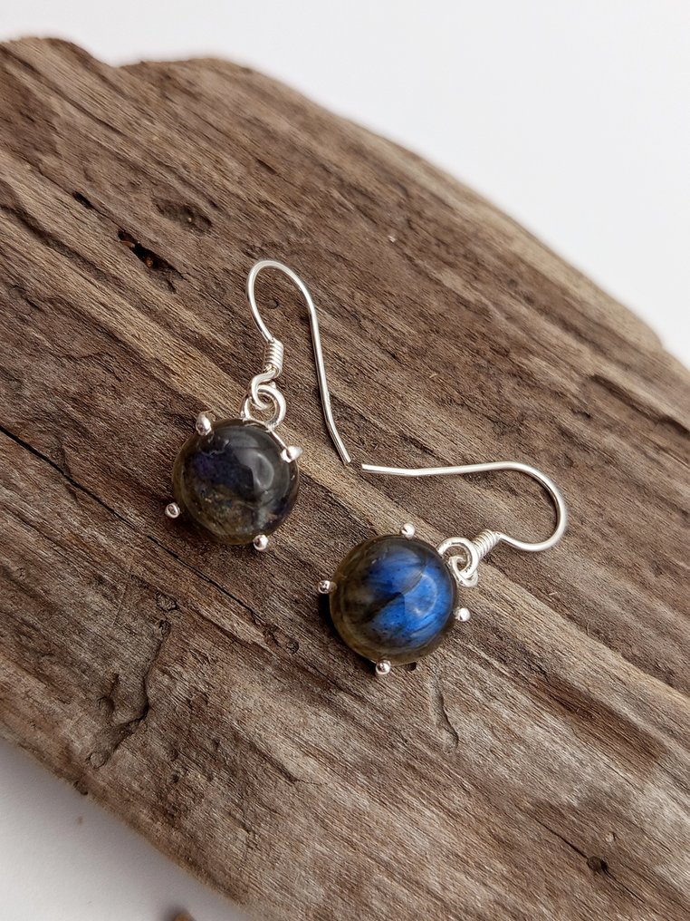 925银耳环，配蓝色拉布拉多石，顶级品质 - 高度: 10 mm - 闊度: 10 mm- 3.7 g - (1) #1.0