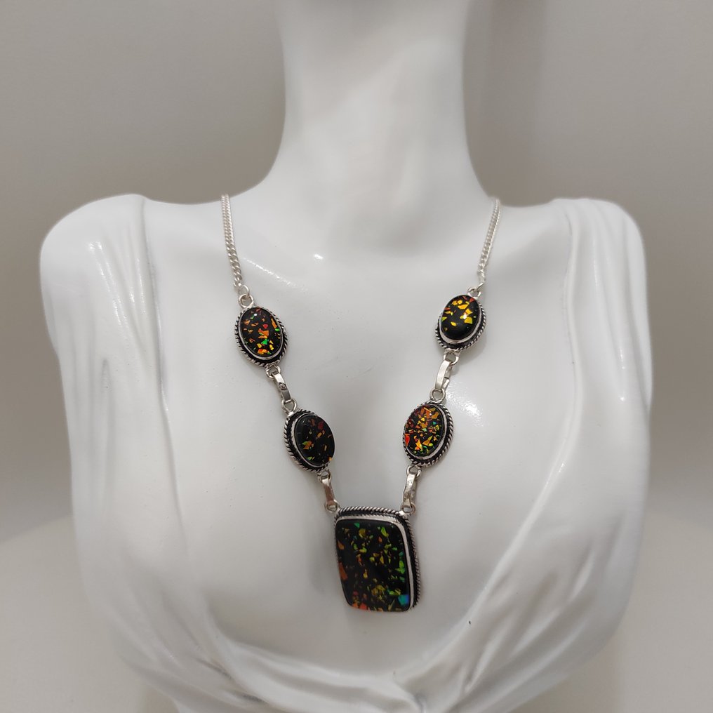 Prata, Colar de prata com selo 925 e Doublet de opala. - Colar #1.0