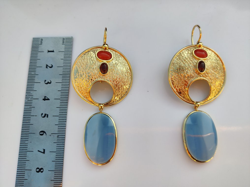 Nincs minimálár - Drop fülbevaló Ezüst - 35.00ct. tw. Opál - Korall - Design Ethnos #1.0