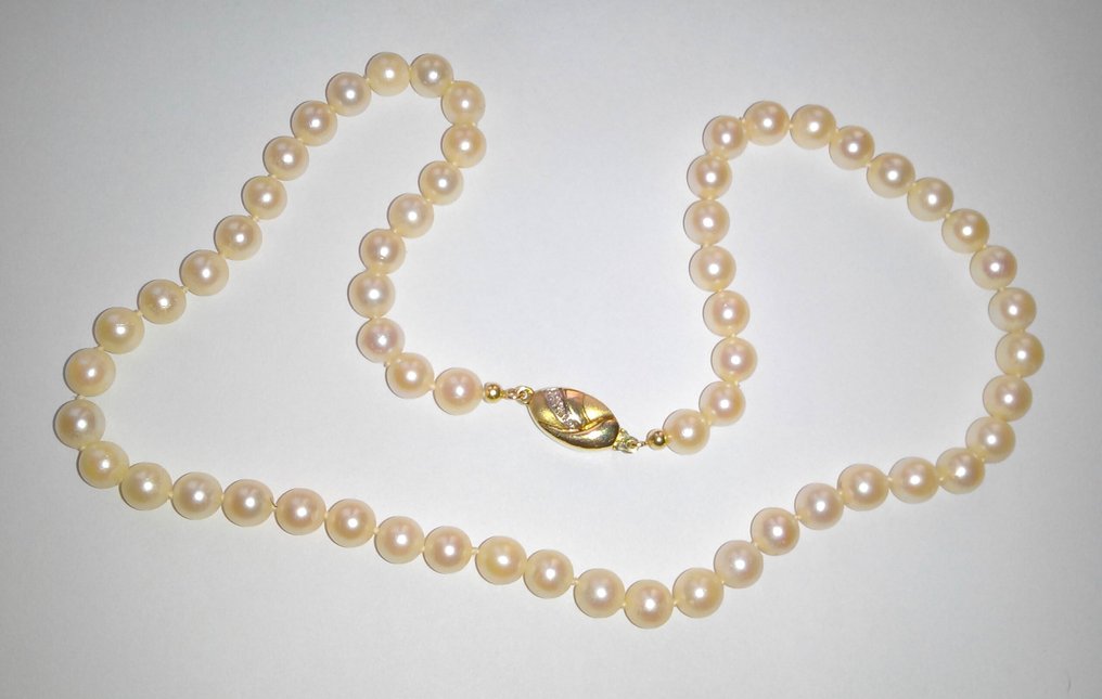 Sans prix de réserve - Collier Or jaune 14 kt - Perles d'Akoya - Diamants naturels #1.0