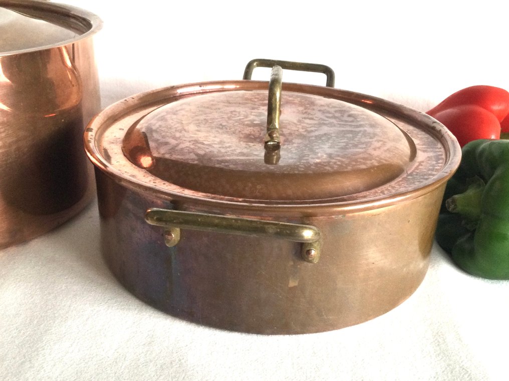 Twee Franse roodkoperen Kookpotten - Τηγάνι (2) - Χαλκός, με vertinde εσωτερικά και χάλκινα αυτιά. #4.3