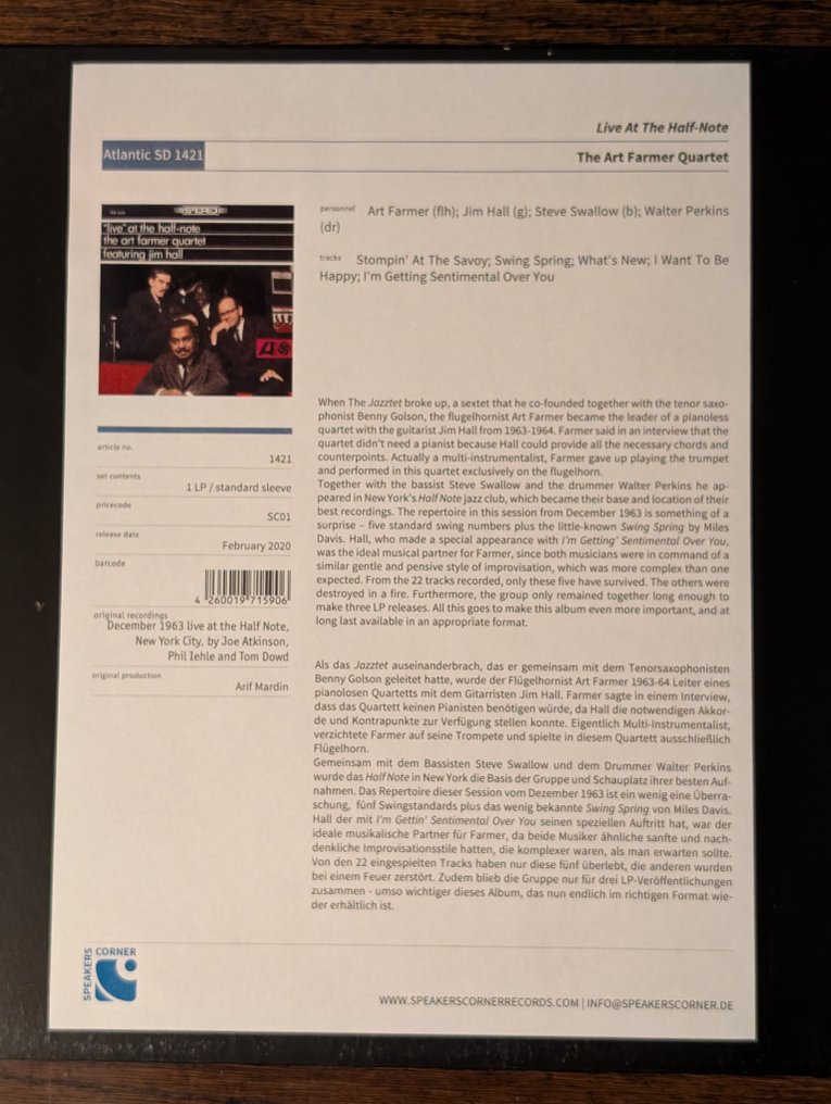 Art Farmer - Live At The Half-Note - Speakers Corner/Atlantic - Δίσκος βινυλίου - Test pressing, Stereo - 2020 #1.0