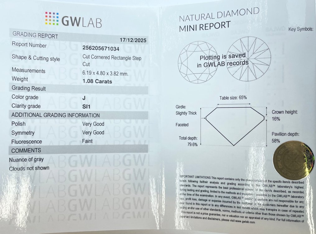 χωρίς τιμή ασφαλείας - 1 pcs Διαμάντι  (Φυσικό)  - 1.08 ct - Σμαράγδι - J - SI1 - Gemewizard Gemological Laboratory (GWLab) #2.1