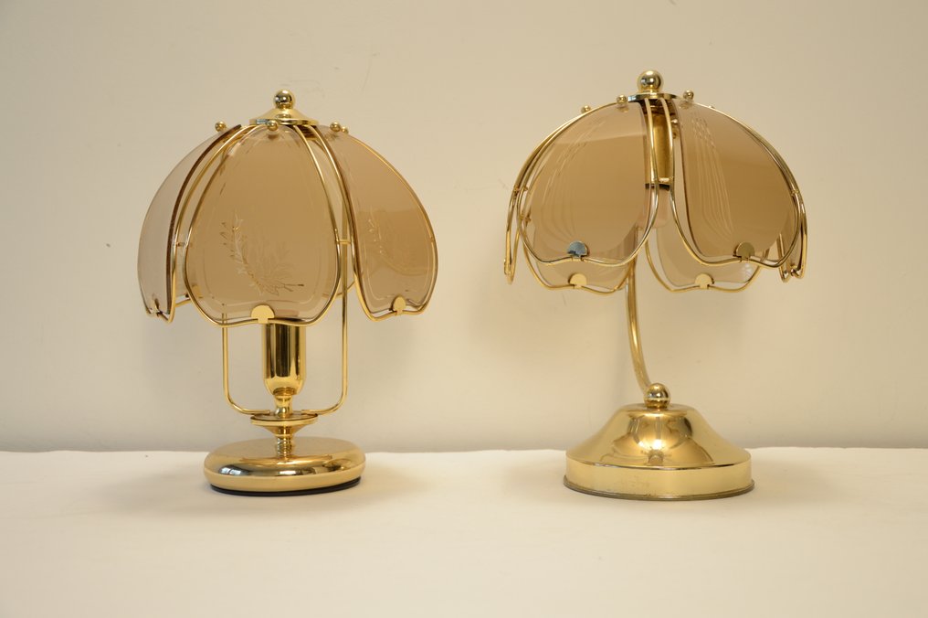 Επιτραπέζιο φωτιστικό (2) - Ζεύγος επιτραπέζιων/κομοδίνων λαμπών Hollywood Regency - Ορείχαλκος, Γυαλί #4.3