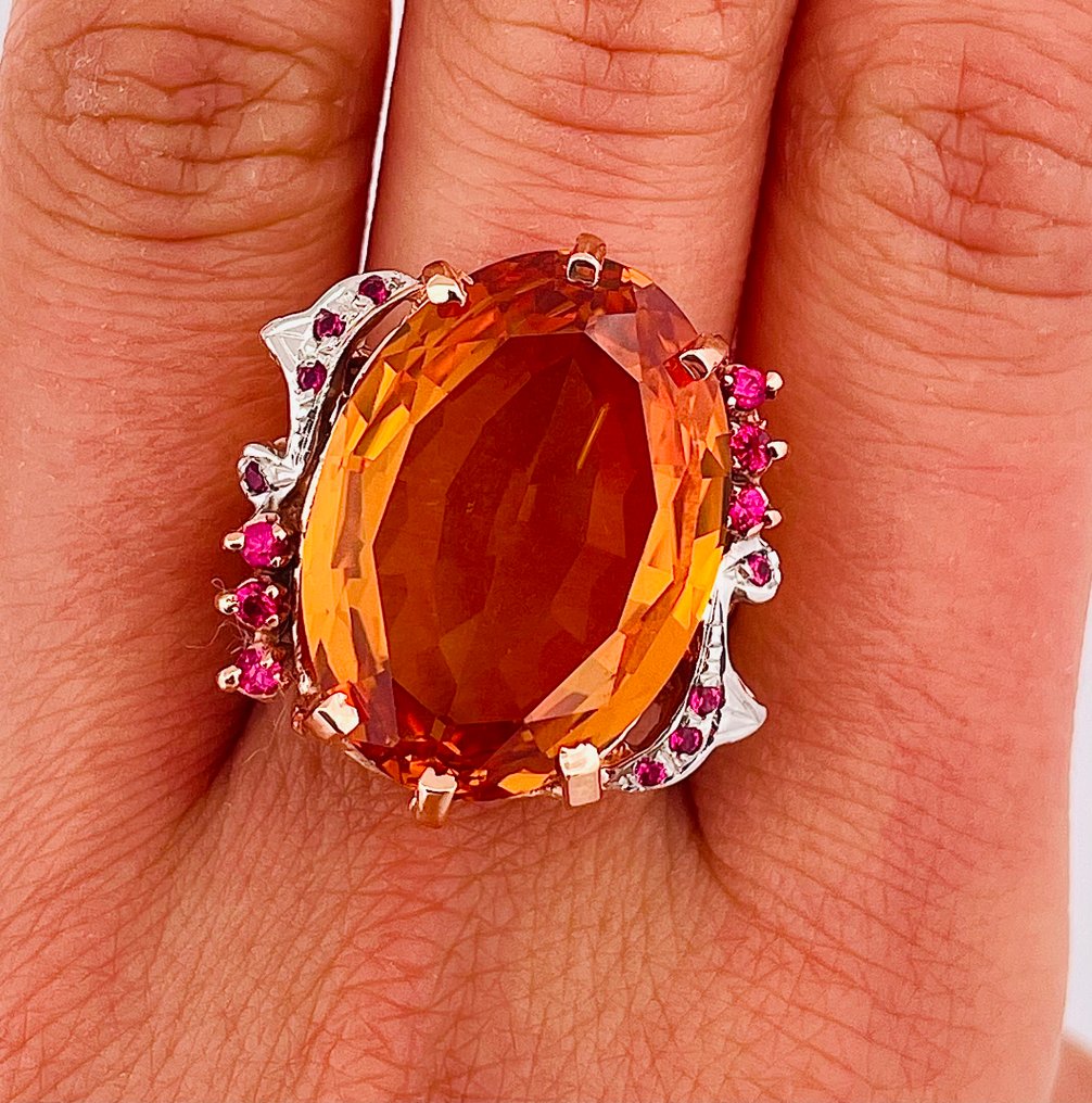 没有保留价 - 戒指 - 9 kt. 玫瑰金, 银 黄水晶 - 红宝石 #4.3