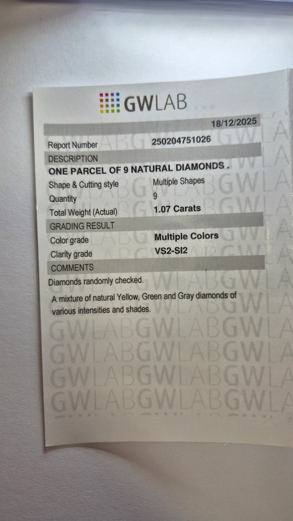 χωρίς τιμή ασφαλείας - 9 pcs Διαμάντι  (Φυσικού χρώματος)  - 1.07 ct - Mixed shape Ανάμεικτα χρώματα - VS2, SI2, SI1 - Gemewizard Gemological Laboratory (GWLab) #3.2